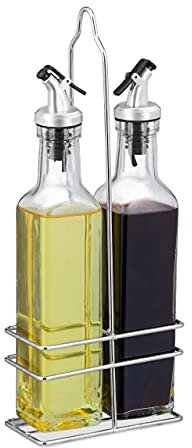 Relaxdays Olio e Aceto, 2 Bottigliette da 300 ml per la Tavola e la Cucina, Beccuccio Salvagioccia, Trasparente, Vetro, Ferro, Plastica, Set da 1 pz