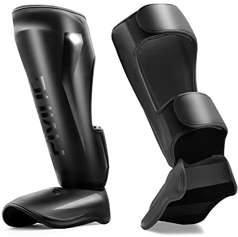 FIVING MMA Martial Arts Shin Guards – Padded, Adjustable Muay Thai Leg Guards with Instep Protection for Kickboxing/MMA Training and Sparring – Durable, Professional MMA Equipment (Black, X-Large)