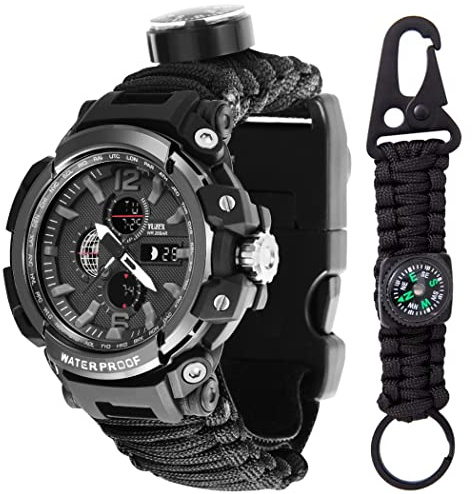 WLDOCA 50m wasserdichte Militäruhr Herren Outdoor Sportuhr LED Digital Armbanduhr Kompass Thermometer Quarzuhr mit Schlüsselanhänger