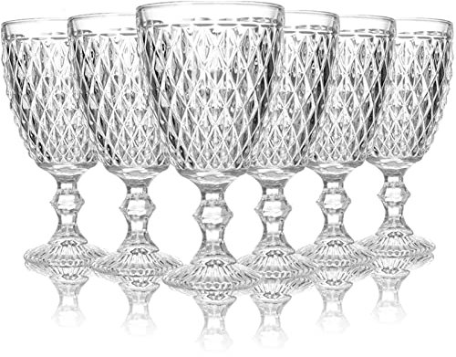 ZOOFOX Set of 6 Water Goblet Glasses, 10 oz Stemmed Wine Glasses with Embossed Design, Vintage Drinking Glassware for Anniversary, Wedding, Party, Housewarming Gift
