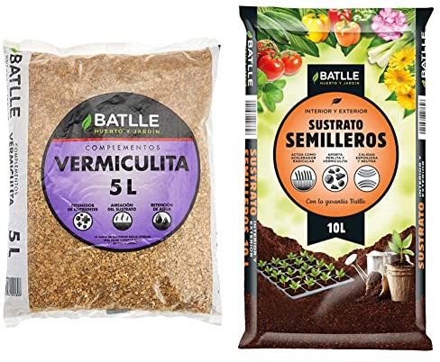 Semillas Batlle Sustrato Vermiculita 5L, Color Amarillento-Dorado + Sustrato Semilleros 10 l, Color Tierra