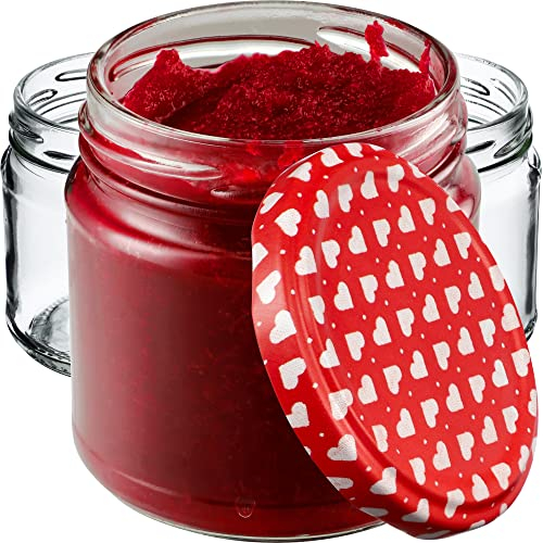 KADAX Barattoli Ermetici di Vetro da 200 ml, Vassetti Piccoli con Coperchio a Vite per Conserve di Frutta, Marmellate e Miele (Set di 10, Cuori Rossi)