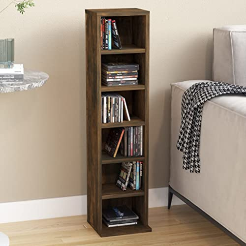 WIFESE CD-Regal Räuchereiche Regal Wand Regale CD Regal BüCherregal Kinderzimmer Deko Regal Schmal Dvd Regal Bookshelf Schmales Regal CD StäNder Buchregal 6 offenen Fächern 21x20x88 cm Holzwerkstoff