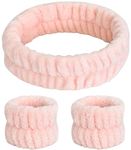 Zimoer Fasce per Lavaggio di Viso,Fasce del Sudore per Cura di Pelle Polsino Morbido per Donna Ragazza Bagno Yoga,Skincare Bande,Fascia di Testa e Braccialetto da Polso per Spa Trucco (Rosa)