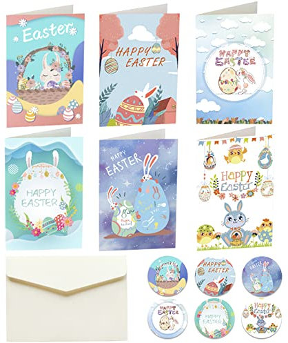 # 6 Stück Ostergrußkarten mit Umschlägen Frohe Ostern Grußkarten Vintage Osterkarten Hase Niedliche Grußkarten für Ostern Geburtstag Jahrestag (Blue, One Size)