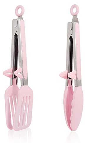 Kitchen Tongs, 9 Inch Silicone Tongs Set of 2 Food Safe Silicone Pink Locking BBQ Cooking Serving Salad Tongs with Stainless Steel Handle