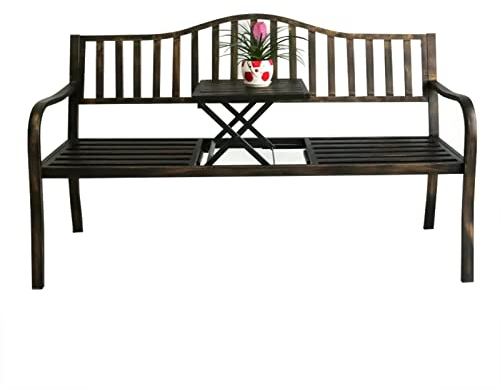 ZMYJTO Terrassenbank im Freien, Verandabank mit ausziehbarem Mitteltisch und Kissen, für 2–3 Personen, Stahlmetall-Gartenbank, Gartenmöbel, Stuhl für Rasendeck, Eingangsbereich, Hinterhof mit Wette