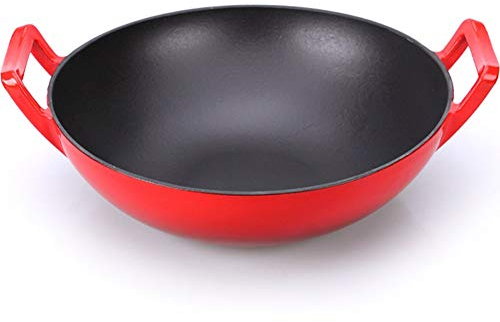 OQHAIR ollas y sartenes de Cocina Sartén Wok de Hierro Fundido Wok de Esmalte Rojo Menos Humo Espesado Sartén de Cocina binaural Cocina de inducción Universal Utensilio de Metal antiadher