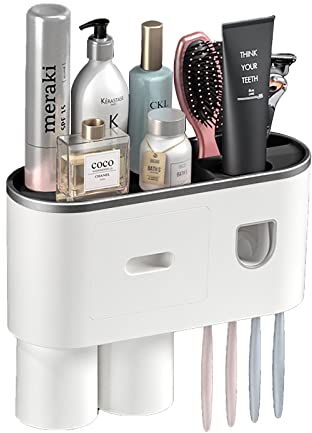Soporte para Cepillo de Dientes,Organizador Cepillos de Dientes con Dispensador Automático de Pasta de Dientes,2 Tazas Magnéticas Y Drawer para Baño,4 Ranuras para Cepillos Negro