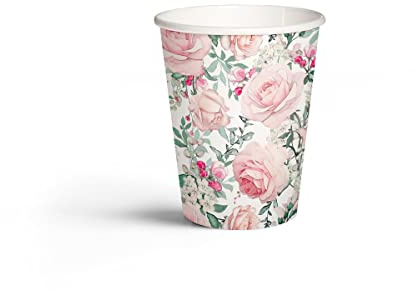 PAW - Pappbecher (250 ml) I 8 Stück I Becher Gedruckt mit Wasserbasierten Farben I Einwegbecher für Hochzeit, Kinder Party, Partybedarf, Kaffee, Tee I Kaffeebecher - Rosen, Klassisch, Elegant