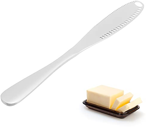 Jasfyee Edelstahl Butterstreuer Messer, Professionelle 3 in 1 Buttermesser mit Gezackten Kanten und Kratzlöchern, Einfaches Ausbreiten zum Schneiden von Butter, Käse, Marmelade und Cremes