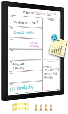 Aitakatta Tableau blanc hebdomadaire effaçable à sec, 40 x 30 cm, tableau mémo magnétique au design minimaliste, pour mur, cadre en bois noir, tableau effaçable à sec pour bureau, école, maison