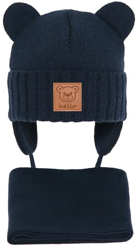 CiuchCiuch Set aus Mütze und Schal für Babys mit Ohren Hello - Wintermütze Mädchen Jungen Baby Kinder - Zu Weihnachten – Zur Taufe - Strickmütze mit Fleecefutter Beanie Marineblau 36-38 cm