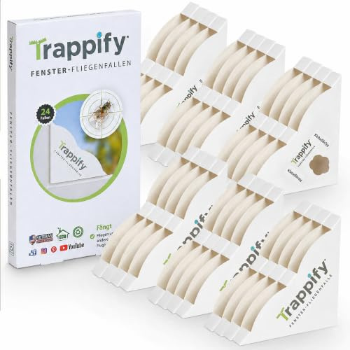 Trappify Fenster Fliegenfalle Innenbereich Fliegenfänger Klebestreifen 24er | Papier-Klebefalle als Fliegen Fänger fürs Fenster, für Küche, Schlafzimmer & Wohnzimmer, einfach falten & ankleben