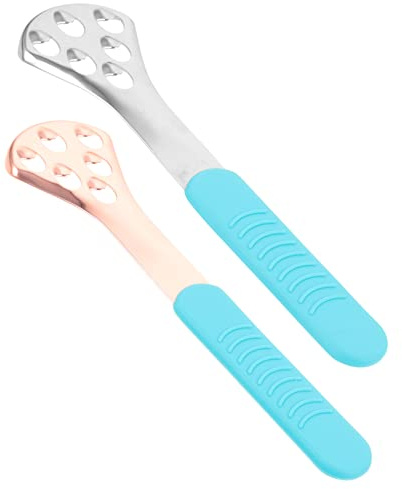 Raschietto Lingua 6 Fori 2 Pezzi in Acciaio Inox per Igiene Orale | Uso Domestico e Viaggio, Impugnatura in Silicone a Goccia, Indicato per Adulti