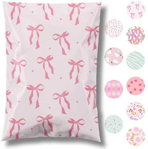 Pretty Package Store 6x9 Designer Poly Mailer 100 Pack Heavy Duty Waterproof Self Seal Shipping Bags for Small Business Large Mailing Envelopes Bulk Tear Resistant Cute Packaging Pink Bows Coquette