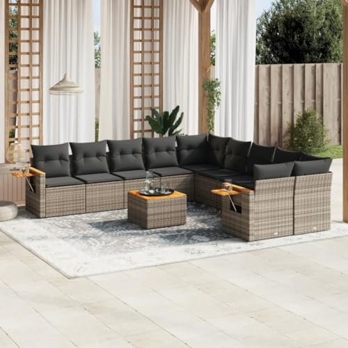 Rantry 11-TLG. Gartensofa Set mit Kissen Gartenmöbel Gartenlounge Outdoor Sofa Loungesofa Loungemöbel Balkon Lounge Ecklounge Sitzgruppe für Garten, Terrasse und Balkon Grau Poly Rattan