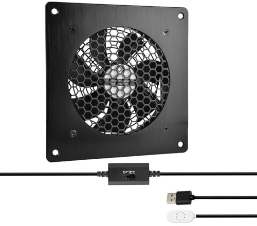 Euroharry 120mm Festes Thermostat-Steuerung gesteuertes leises Lüftersystem, USB-Ventilator, 5V-Ventilator mit modernem gebürstetem schwarzem Aluminiumrahmen für Heimkino-AV-Schränke