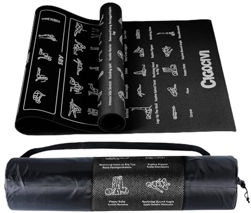 CIGOCIVI Instructional Travel Yoga Mat with 75 Asanas Poses & Exercises - Christmas Gifts for Wife and Girls, Exercise Mat for Home Workout, Includes Carrying Bag, 68x24x0.25 (Black)