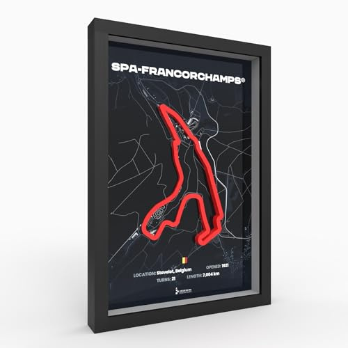 Spa-Francorchamps® 3D Poster im Holzrahmen I A4 I Hochwertiger Druck | 280g Papier I 3D Rennkunst als Deko für Wand I Büro & deinen Schreibtisch oder Geschenk I Acrylglas-front für ungestörte