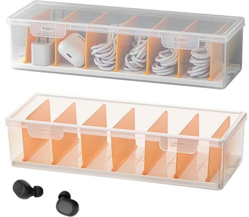 Paquete de 2 organizadores de cables de datos, caja de plástico transparente, caja organizadora de cables, 7 separadores extraíbles, organizador de cables que se pueden personalizar
