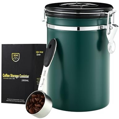 BUCOMTU Barattolo caffe in acciaio inox da 1,8 litri, con display della data e cucchiaino in acciaio inox, contenitore per chicchi di caffè, ideale anche per conservare noci, cacao e tè