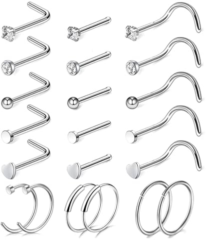LOCCY 21-30 Stück 20G Nasenpiercing, 316L Edelstahl Nasenring Nasenstecker Silber/Gold Screw/Straight/L-Form Nasenpiercing mit Zirkonia Nostril Piercing Schmuck für Frauen Männer