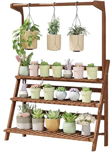 DECORN Hanging Plant Stand Indoor Outdoor - 3 Tiers Folding Wood Plants Shelf for Multiple Flower Planter Holder Large Rack for Window Garden Balcony Patio Porch Living Room,Walnut,100cm/39.4 L