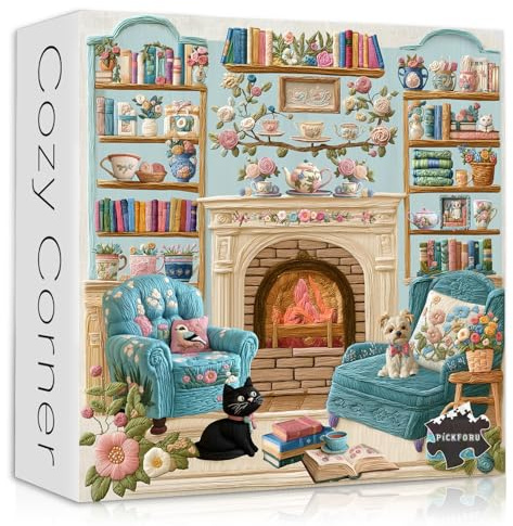 PICKFORU Casse-tête confortable pour adultes de 1 000 pièces, pour chien, chiot et chat, étagère à thé, broderie esthétique, cabine, art moderne unique