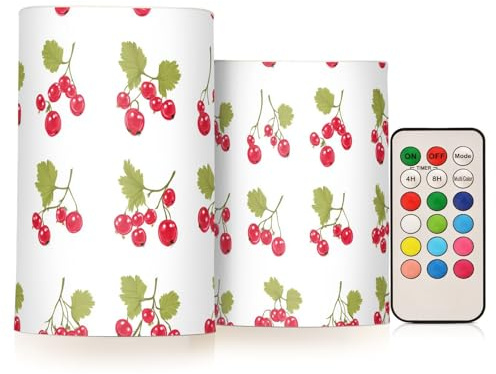 famyily Linda vela sin llama de color blanco con grosella roja, farol de vela sin llama con pilas para decoración del hogar, 4 pulgadas y 5 pulgadas, juego de 2