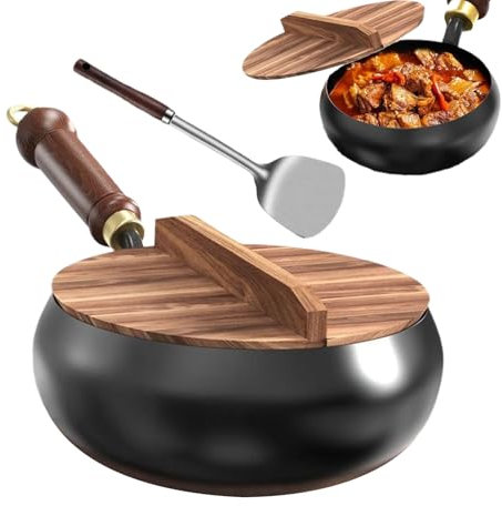Wok chinois fait à la main, poêle en fonte, poêle en fer non revêtu, avec couvercle et poignée en bois, poêle antiadhésive forgée à la main, pour cuisinière à gaz et à induction