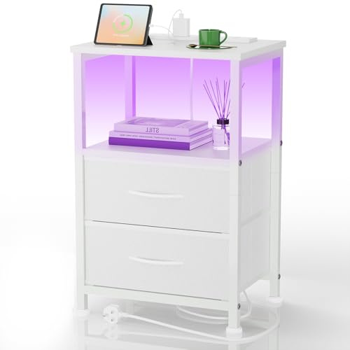 Yornoli Bedside Table with Charging Station 40cm Wide Bed Side Table for Bedroom with 2 Fabric Drawers Small End Tables with Led Lights for Living Room Small Spaces White