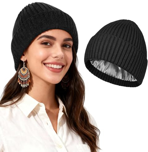 TSKNOMO Satin Lined Beanie Hats for Women & Men – Soft Slouchy Winter Knit Beanie, Warm Wool Knit Cuffed Skull Cap Unisex