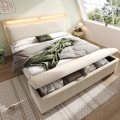 IHO SOFA Polsterbett Doppelbett Bettrahmen 180x200cm mit Bettbank & Stauraum Holzbett in Heller Eiche mit Kopfteil Beleuchtung | Inkl. Cord Polster-Rückenlehne, Lattenrost (Ohne Matratze)