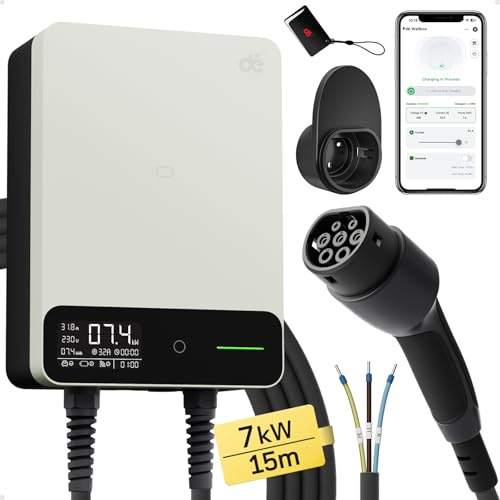 dé Wallbox 7,4 kW con app [6 – 32 A, 1 fase] con cavo tipo 2 15 m, RFID e supporto, con FI tipo B & IP54 – stazione di ricarica per modello Y & altri BEV/PHEV, bianco