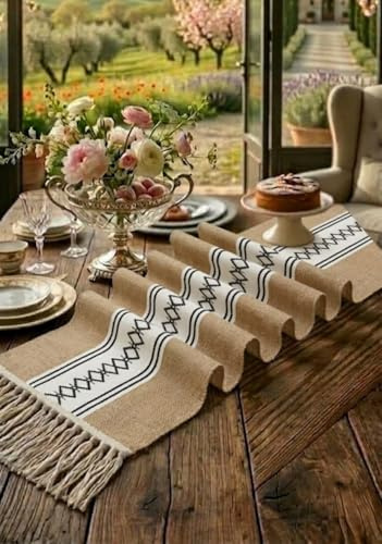 Runner 180x30 BOSALONI HOME Etnico Chic, tovaglia lunga rettangolare jacquard con frange, elegante centrotavola decorativo per tavolo da pranzo, cucina e soggiorno - Etnico Chic