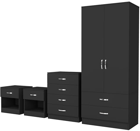 Nera Black 4 Piece Bedroom Furniture Set 2 Door Wardrobe with 2 Drawers Chest of 4 Drawers & Two Bedside Table Bedroom Set
