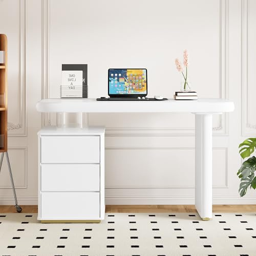 Escritorio moderno 117×50×74 cm– pintura blanca completa,forma de nube, 3 cajones, mesa y patas engrosadas, curvas redondeadas,escritorio estable completamente lacado,escritorio francés