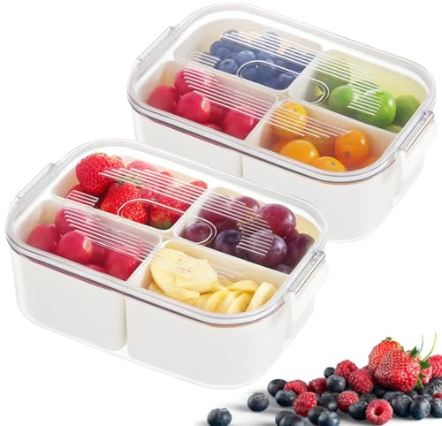 BUERPINKING Snackbox mit Fächern, 2 Set Snackschale Kinder mit Deckel, Snackteller mit 4 Fächern Küche Gewürze Box Kunststoff Snackschale für Snacks, Nüsse, Obst, Veggie