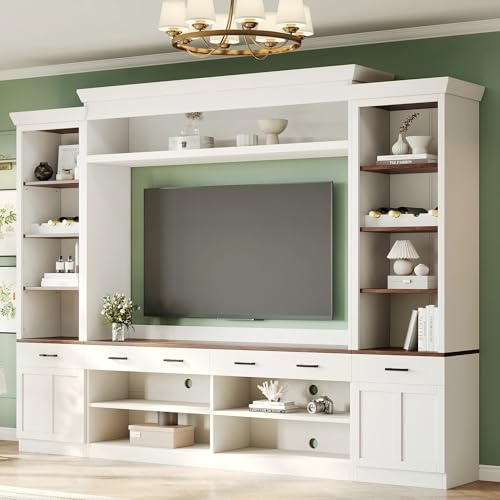 Merax Modern 4 Piece TV Stands with Bookshelf & Wine Rack for Televisions Up to 70'', Wood Large Entertainment Center w/Storage Cabinets, Media Console for Living Room Bedroom, White