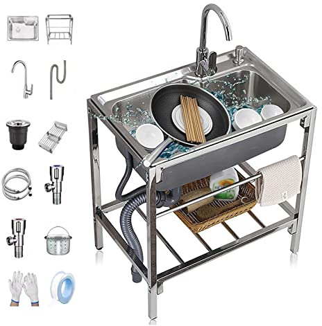 Kitchen 304 Stainless Steel Wash Basin, 1 Compartment Kitchen Sink with 360° Hot and Cold Swivel Faucet Commercial Sinks for Outdoor Indoor, Load-Bearing 150kg