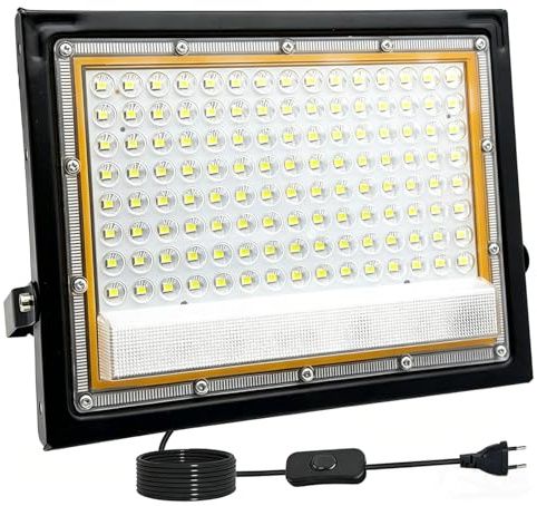 Tkdaksy LED Strahler Außen 100W, 1.5M Kabel 6500K Kühlweiß 10000LM LED Scheinwerfer, Mit Schalter Strahler Außen IP66 Wasserdicht, für Gärten, Terrassen, Höfe, Balkone, Parks, Fabriken, Garagen