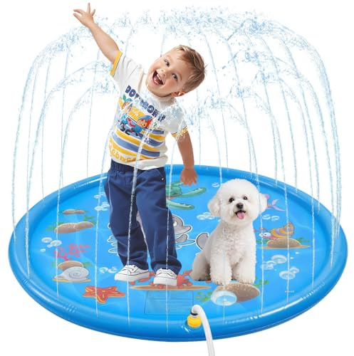 Kids Splash Pad, Sprinkler Play Mat, 100cm Sprinkler & Splash Play Mat, Summer Garden Beach Foldable Outdoor Sprinkler Play Mat for Boy Girls Children Dog Splash Pool Water Toy