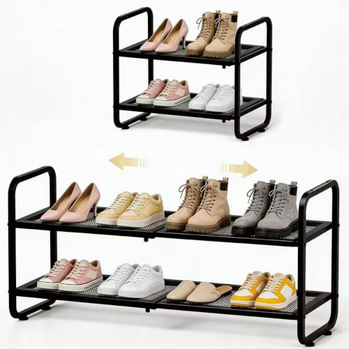 ULYVU Expandable Metal Shoe Rack 2 Tier, Height Adjustable & Stackable | Shoe Storage for Hallway, Garage, Wardrobe - Black