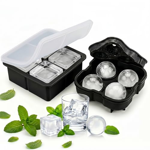 Ameinu Silicone Ice Cube & Ice Ball Trays, 2 Pack 4+4 Cavity Set | 2-pack dual shape silicone ice moulds with lids, 5cm large cube & sphere ice trays for whiskey, cocktails & home bar use