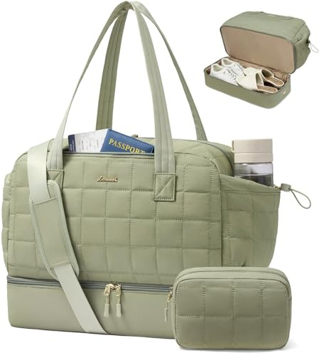 LOVEVOOK Weekender Reisetasche Damen Groß, 45L Puffer Travel Bag Kliniktasche Geburt, Wasserdicht Sporttasche mit Schuhfach & Nassfach, Handgepäck Tasche für Gym Reise Urlaub, Grün