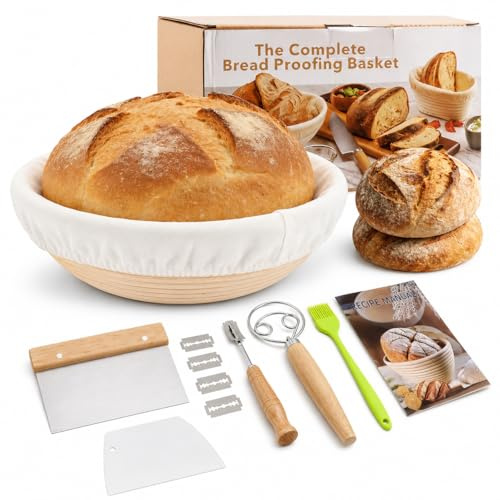 Sourdough Starter Kit 9PCS, Bread Making Set with 9”Round Banneton Proofing Basket,Rattan Proving Basket with Liner, Bread Lame & 5 Blades, Dough Whisk, Dough Scrapers, Silicone Brush&Pad,