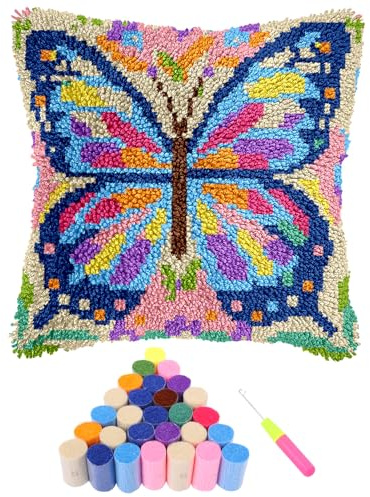 KTCINA Latch Hook Kits for Adults Beginners Sunflower Animal Latch Hook Cushion Kits Craft Rug Making Kit DIY Embroidery Cushion Pillowcase Rug Cover for Home Sofa Decor 43x43cm(Butterfly)