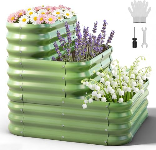 Victoam 91 x 91 x 80 cm Metal Raised Bed for the Garden, 3-Layer Plant Bed Made of Galvanised Steel, Modular Raised Bed with Connector Design, Olive Green for Vegetables, Herbs and Flowers