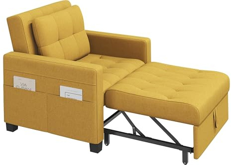Yaheetech 3 En 1 Sofá Cama Sillón Relax Sofá Individual de 1 Plaza para Dormitorio Sala de Estar Apartamento Sofá con Respaldo Ajustable en 3 ángulo Amarillo